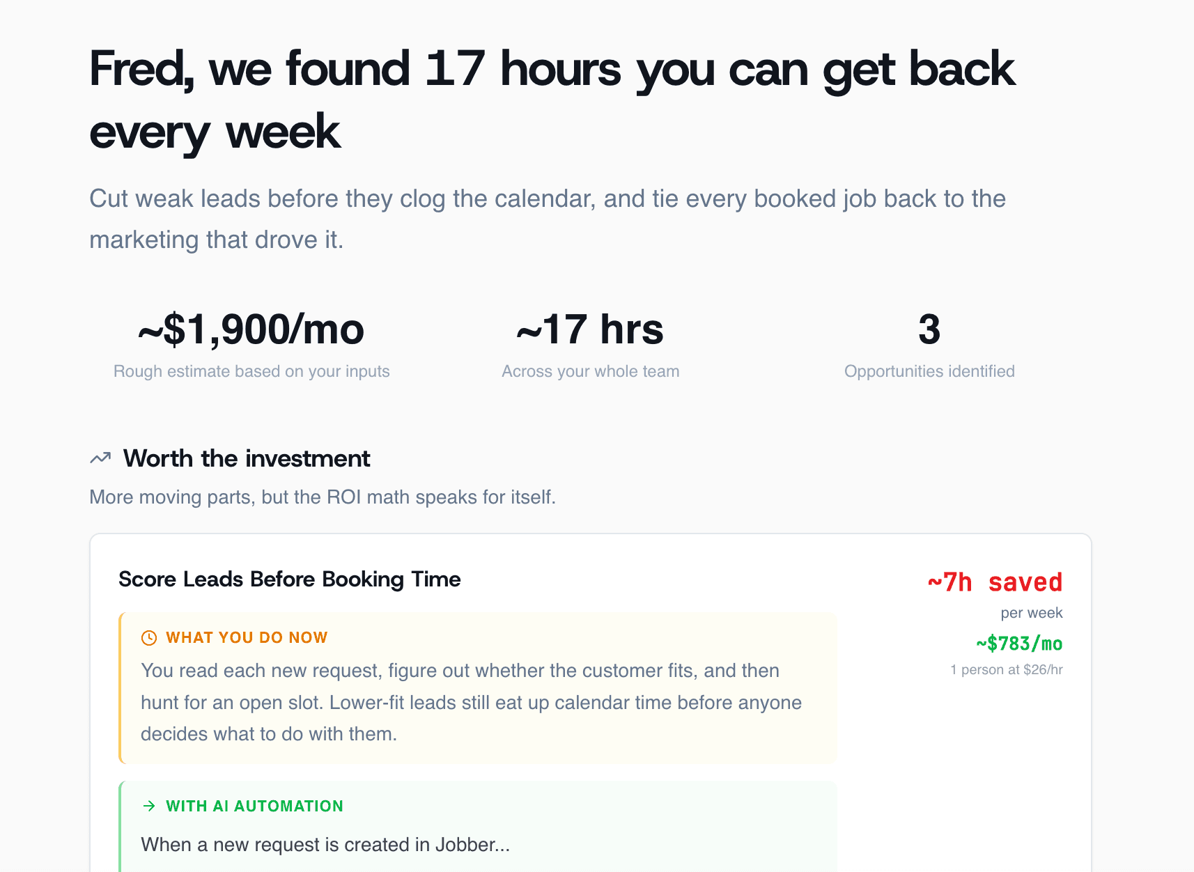 Example automation audit report showing hours saved, dollar savings, and specific workflow recommendations